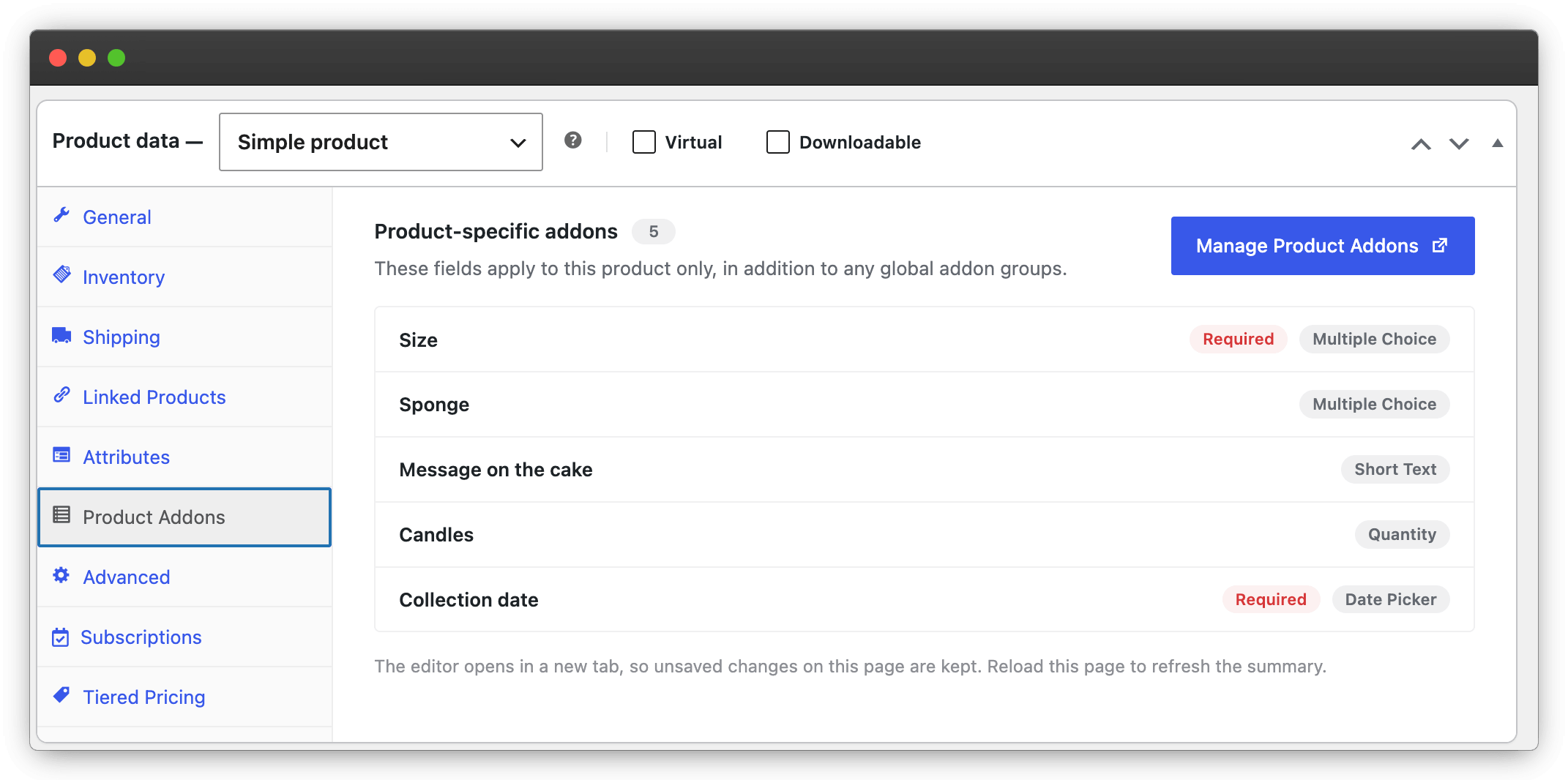 Product edit page addons summary