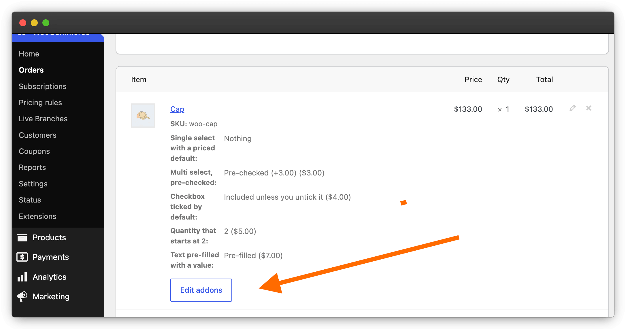 Addons edit on the order page